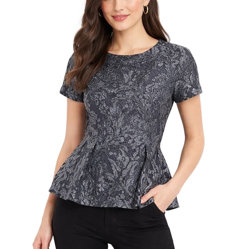 Ann Taylor Women's Small Petite Black Jacquard Pleated Blouse